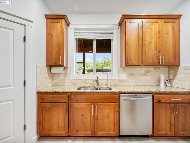 kitchen featuring sink, decorative backsplash, light stone countertops, and dishwasher