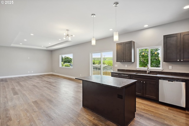 365 NW 4th St, Dufur, OR 97021 - kitchen with dishwasher, a sink, dark brown cabinets, dark countertops, and recessed lighting