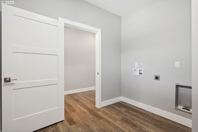365 NW 4th St, Dufur, OR 97021 - washroom with hookup for an electric dryer, washer hookup, baseboards, and dark wood finished floors