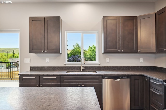 365 NW 4th St, Dufur, OR 97021 - kitchen with dishwasher, a sink, dark brown cabinets, and dark countertops