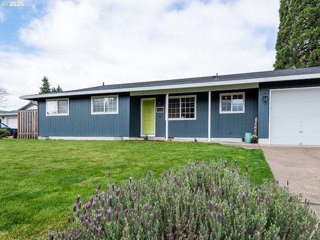 single story home with driveway, a front lawn, and a garage