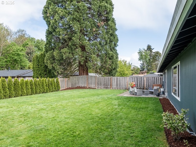 view of yard featuring a fenced backyard, outdoor lounge area, and a patio