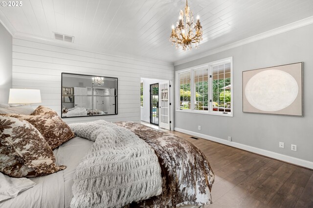 21424 SW 65th Ave, Tualatin, OR 97062 - bedroom featuring a chandelier, wood-type flooring, baseboards, crown molding, and access to outside