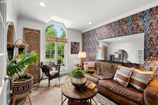 21424 SW 65th Ave, Tualatin, OR 97062 - living area featuring crown molding, healthy amount of natural light, wood finished floors, arched walkways, and vaulted ceiling