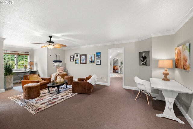 21424 SW 65th Ave, Tualatin, OR 97062 - living room featuring crown molding, a ceiling fan, baseboards, and dark carpet