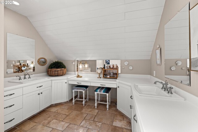 21424 SW 65th Ave, Tualatin, OR 97062 - full bath featuring lofted ceiling, stone tile floors, and vanity