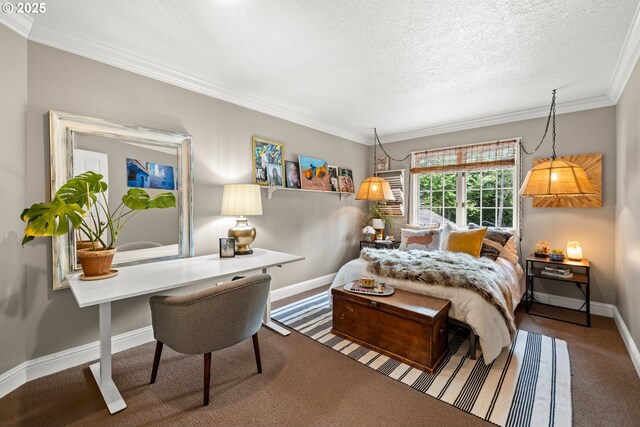 21424 SW 65th Ave, Tualatin, OR 97062 - bedroom with crown molding, baseboards, carpet floors, a textured ceiling, and a desk