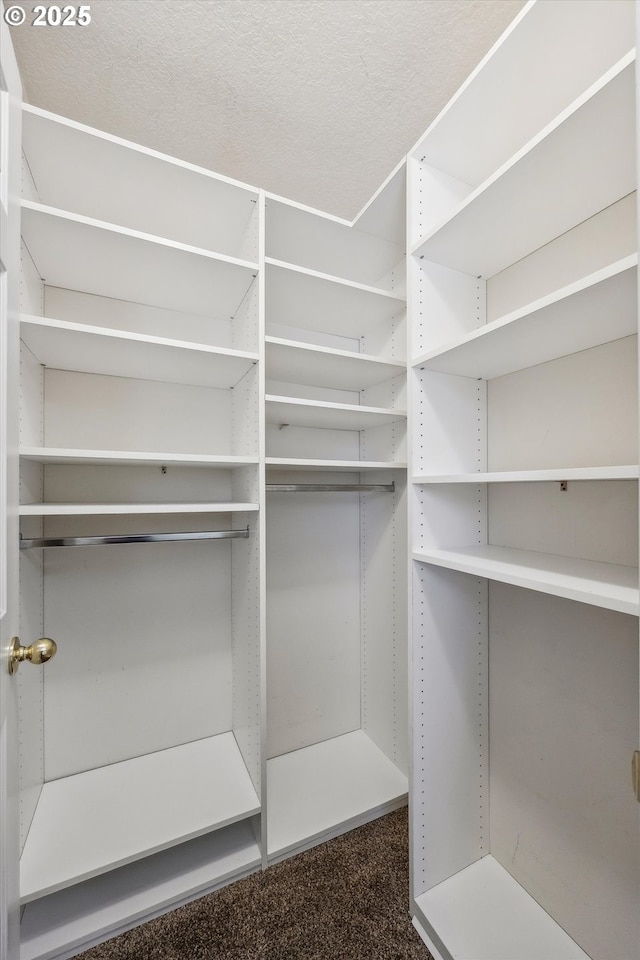 spacious closet featuring dark carpet