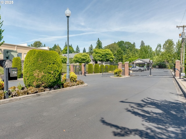 14019 NE 20th Ave Unit D32, Vancouver, WA 98686 - view of asphalt street featuring a gate, street lighting, curbs, and a gated entry
