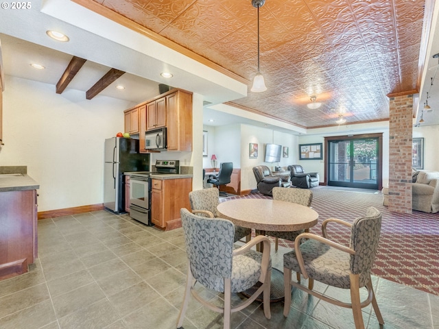 14019 NE 20th Ave Unit D32, Vancouver, WA 98686 - dining room featuring an ornate ceiling, recessed lighting, beamed ceiling, and light tile patterned flooring