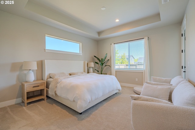 10107 NE 136th Ave, Vancouver, WA 98682 - bedroom featuring a tray ceiling, multiple windows, baseboards, light carpet, and recessed lighting