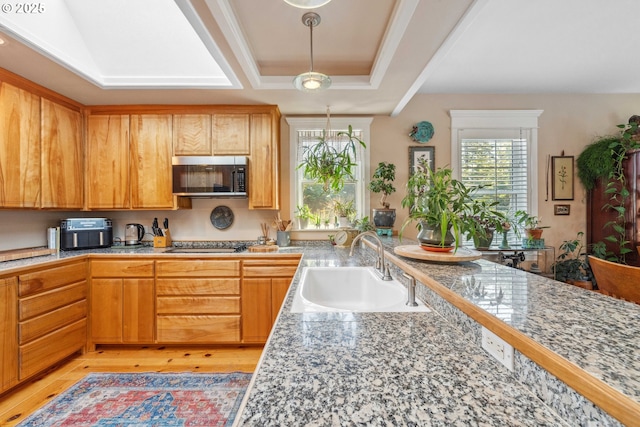 kitchen with light wood-style floors, stainless steel microwave, a sink, and plenty of natural light