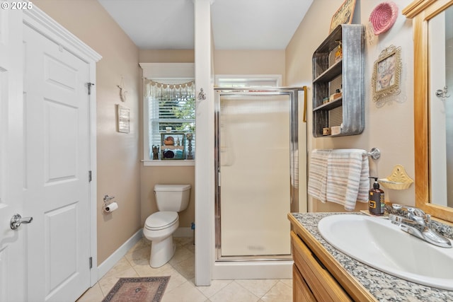 full bath featuring tile patterned flooring, toilet, a shower stall, and vanity
