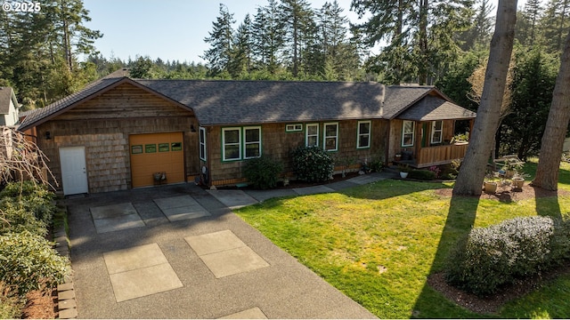 single story home featuring driveway, a front lawn, a shingled roof, and a garage