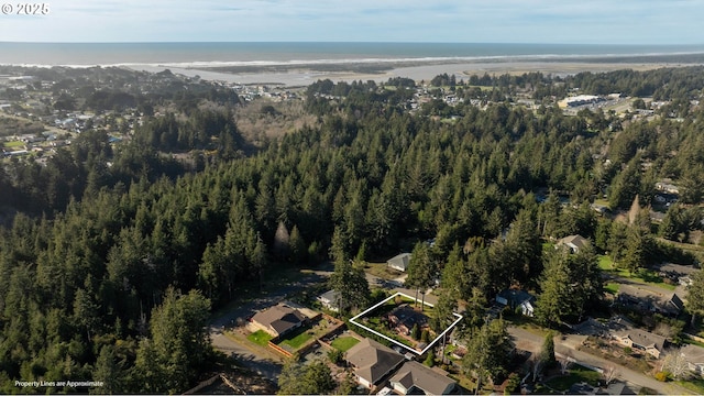 drone / aerial view featuring a forest view