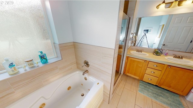 bathroom featuring tile patterned flooring, vanity, and plus walk in shower