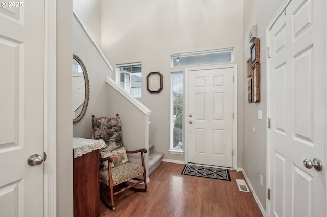 foyer with dark hardwood / wood-style floors and a high ceiling