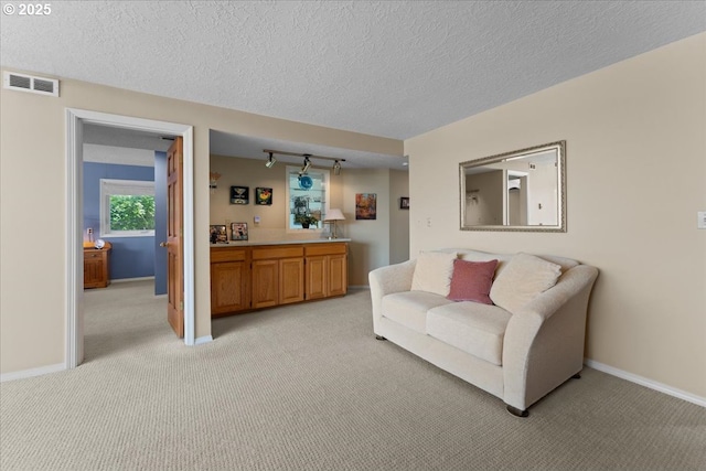 21047 NE Interlachen Ln, Fairview, OR 97024 - living area with light carpet, a textured ceiling, and track lighting