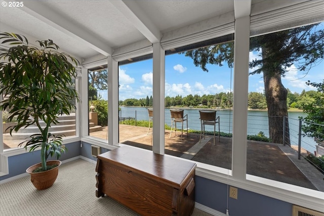 21047 NE Interlachen Ln, Fairview, OR 97024 - sunroom featuring a water view, beamed ceiling, and carpet flooring