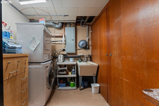 21047 NE Interlachen Ln, Fairview, OR 97024 - laundry area featuring stacked washer / dryer and electric panel