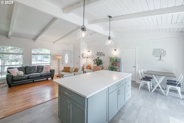 742 Shangri La Ave, Salem, OR 97303 - kitchen with gray cabinets, a kitchen island, light countertops, pendant lighting, and wood ceiling