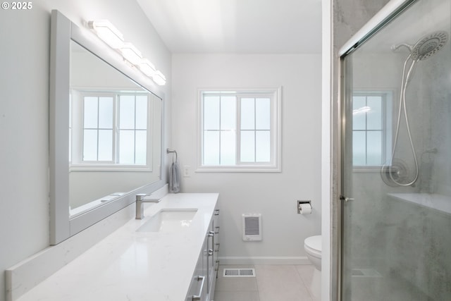 742 Shangri La Ave, Salem, OR 97303 - full bath with vanity, a shower stall, toilet, tile patterned flooring, and heating unit