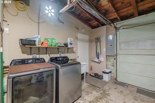 742 Shangri La Ave, Salem, OR 97303 - washroom featuring electric panel, a garage, washer and clothes dryer, and wooden ceiling