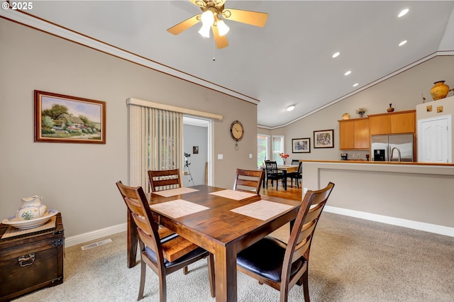 1565 Fairview Pl, Cottage Grove, OR 97424 - dining area featuring vaulted ceiling, light carpet, ornamental molding, recessed lighting, and a ceiling fan