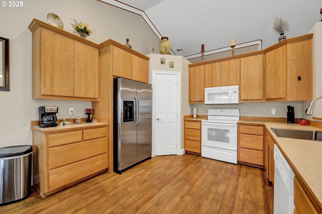 1565 Fairview Pl, Cottage Grove, OR 97424 - kitchen featuring white appliances, a sink, light countertops, light wood-style floors, and lofted ceiling