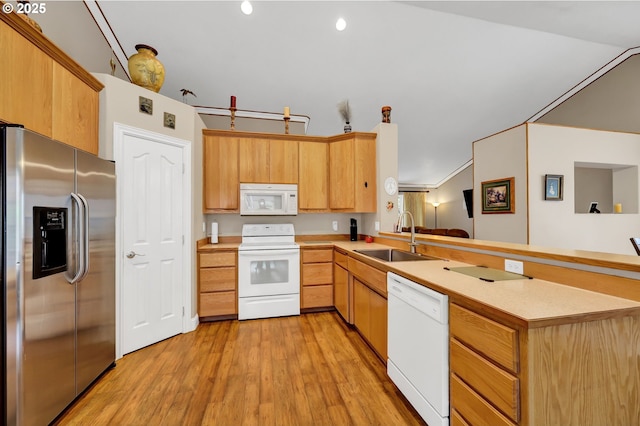 1565 Fairview Pl, Cottage Grove, OR 97424 - kitchen with white appliances, a sink, a peninsula, light countertops, and light wood-style floors