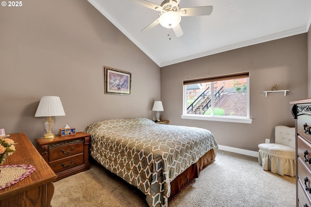 1565 Fairview Pl, Cottage Grove, OR 97424 - carpeted bedroom featuring lofted ceiling, ornamental molding, baseboards, and ceiling fan
