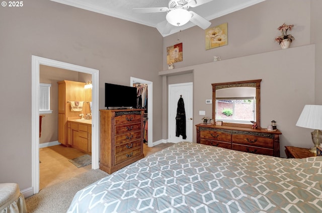 1565 Fairview Pl, Cottage Grove, OR 97424 - bedroom with light colored carpet, a towering ceiling, ornamental molding, baseboards, and ensuite bath