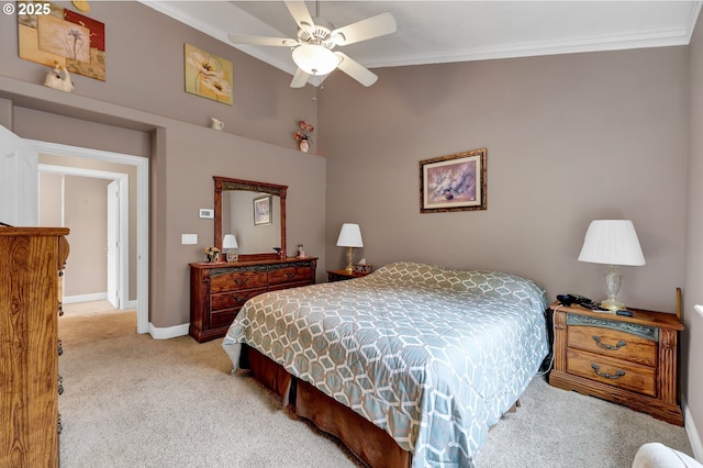 1565 Fairview Pl, Cottage Grove, OR 97424 - bedroom with light colored carpet, ornamental molding, baseboards, and ceiling fan