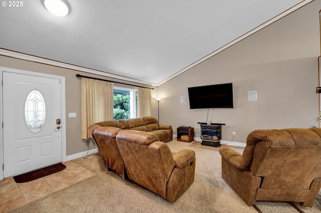 1565 Fairview Pl, Cottage Grove, OR 97424 - living area with lofted ceiling, baseboards, light tile patterned floors, and crown molding