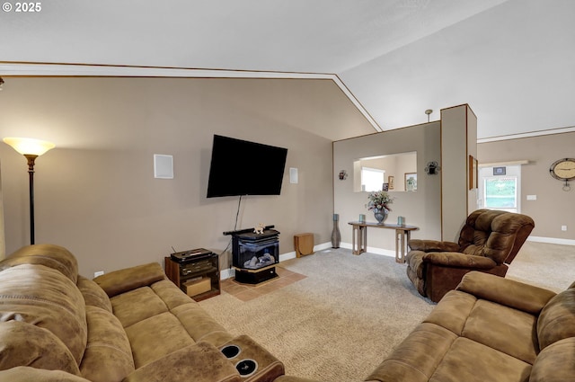 1565 Fairview Pl, Cottage Grove, OR 97424 - living area with carpet, baseboards, lofted ceiling, and a wood stove