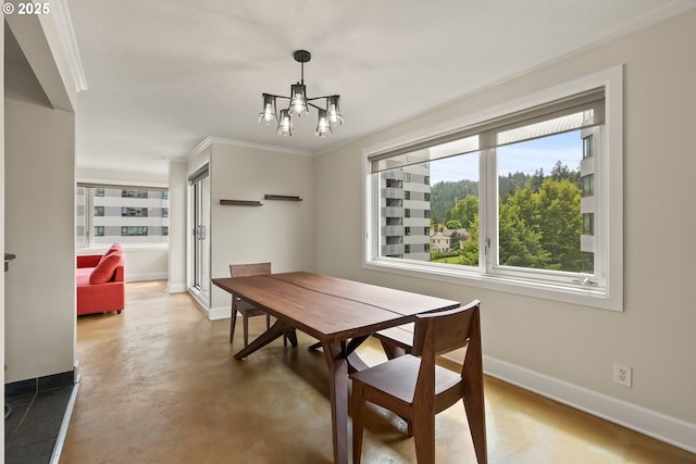 2211 SW Park Pl, Portland, OR 97205 - dining area with a chandelier, crown molding, and concrete flooring