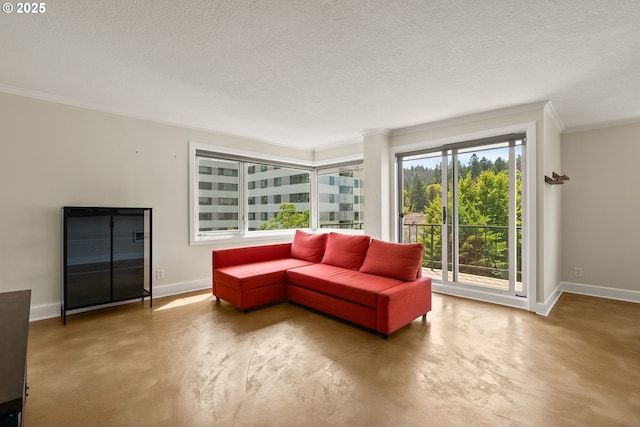 2211 SW Park Pl, Portland, OR 97205 - living area featuring finished concrete floors, crown molding, and a textured ceiling