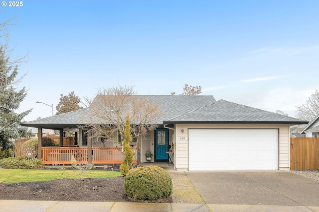 single story home with a garage and a porch