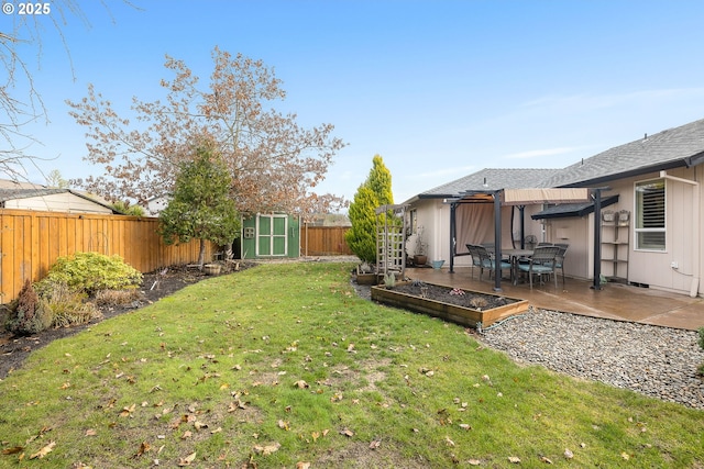 view of yard with a shed and a patio area