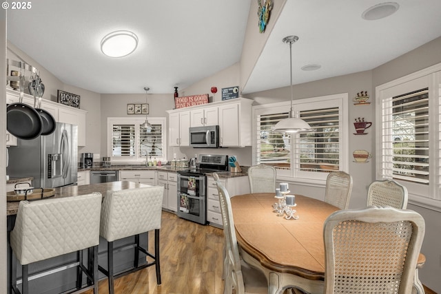 kitchen featuring pendant lighting, stainless steel appliances, dark hardwood / wood-style flooring, and white cabinets