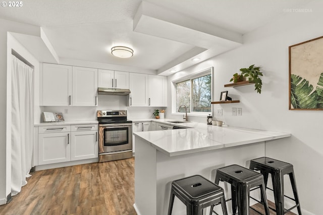 kitchen featuring a peninsula, a sink, white cabinets, a kitchen breakfast bar, and stainless steel electric range