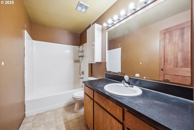 bathroom with visible vents, toilet, vanity, and shower / tub combination