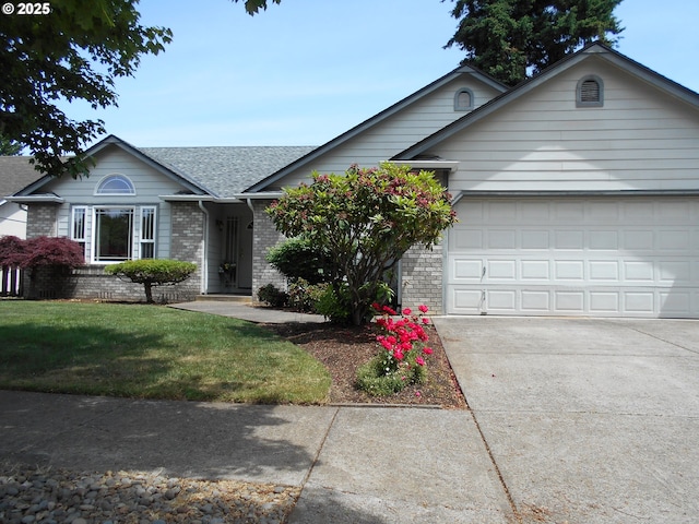 4471 Spring Meadow Ave, Eugene, OR 97404 - ranch-style home with an attached garage, driveway, a front yard, and brick siding