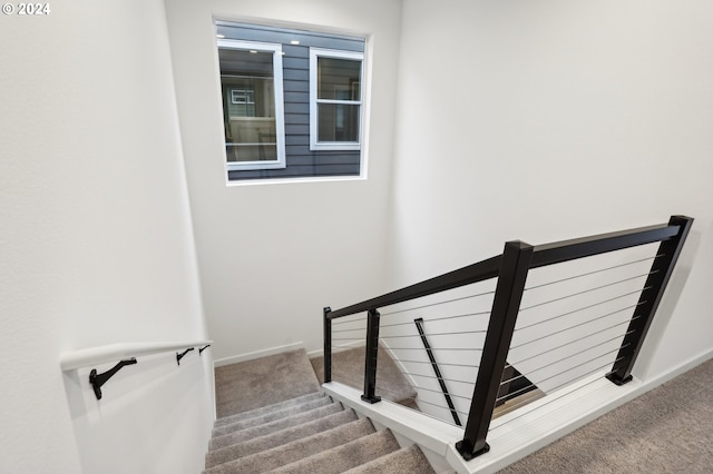 stairs with carpet floors and baseboards