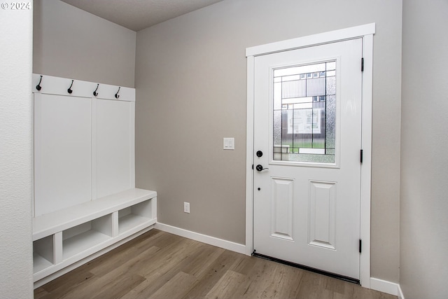 mudroom with light hardwood / wood-style flooring