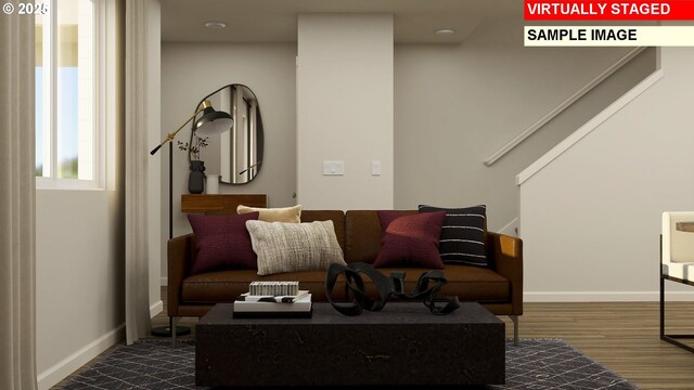 856 Eaden St, Woodburn, OR 97071 - living area with dark wood finished floors and stairs