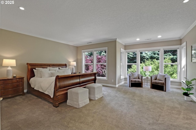 bedroom featuring a textured ceiling, baseboards, carpet floors, ornamental molding, and recessed lighting