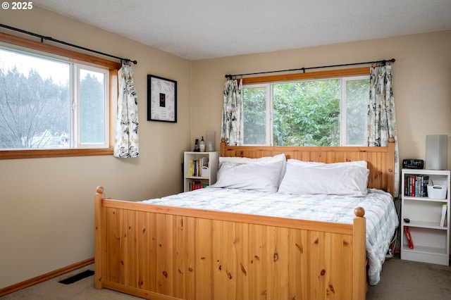 bedroom featuring multiple windows and carpet