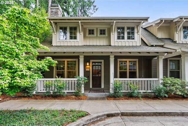4520 Trillium, Woods, Lake Oswego, OR 97035 - craftsman-style house featuring board and batten siding, covered porch, and a chimney
