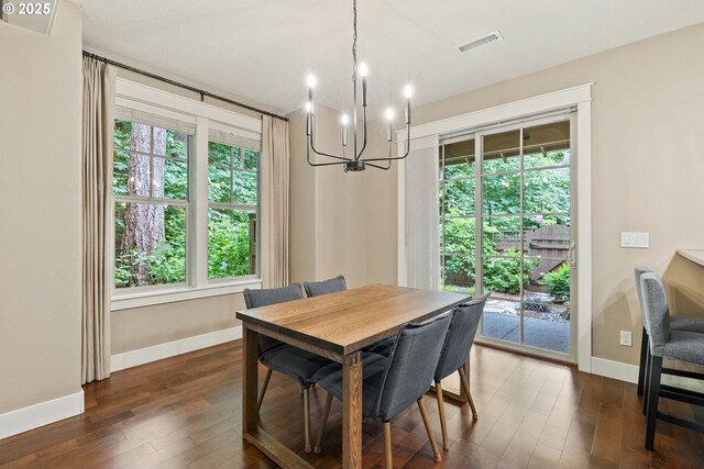 4520 Trillium, Woods, Lake Oswego, OR 97035 - dining space with a chandelier, dark wood-type flooring, baseboards, and healthy amount of natural light